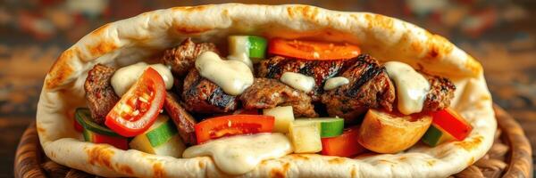 Delicious grilled meat wrap served with fresh vegetables and sauce for a satisfying meal experience photo