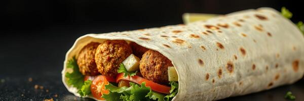 Delicious falafel wrap with fresh vegetables and sauce on a dark background photo