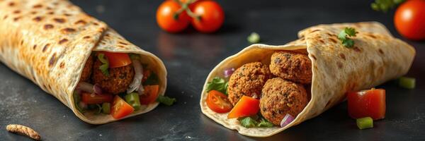 Delicious wraps filled with falafel and fresh vegetables on a dark background featuring cherry tomatoes photo