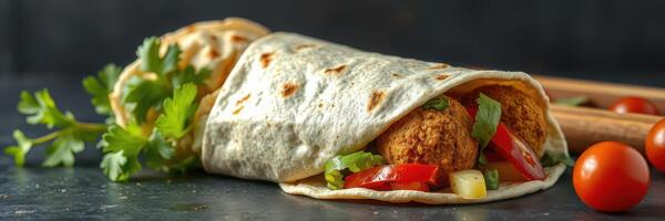 Delicious wrap filled with crispy falafel, fresh vegetables, and herbs on a dark background photo