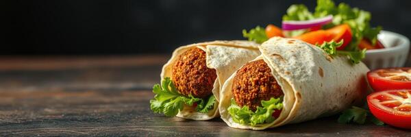 Delicious falafel wraps served with fresh vegetables in a vibrant setting photo
