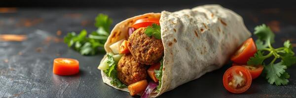 Freshly made falafel wrap with colorful vegetables and herbs served on a rustic table photo
