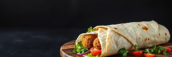 Delicious wrap filled with savory ingredients served on a wooden board against a dark background photo