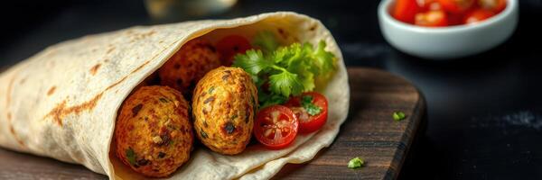 Delicious homemade wrap filled with flavorful falafel, fresh tomatoes, and crisp lettuce ready to enjoy photo