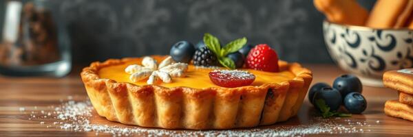 Delicious tart with fresh fruits and decorative elements on a wooden table in a cozy setting photo