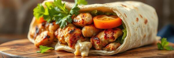 Grilled chicken wrap with fresh vegetables served on a wooden board in a cozy setting photo