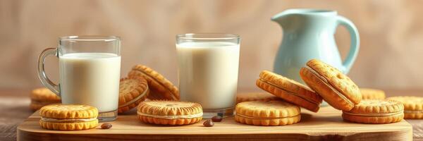 Delicious milk and cookies served on a wooden board in a cozy setting photo