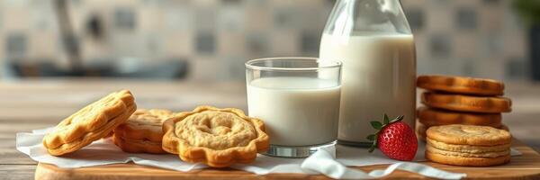 Delicious cookies and milk set on a wooden board with a fresh strawberry in a cozy kitchen setting photo