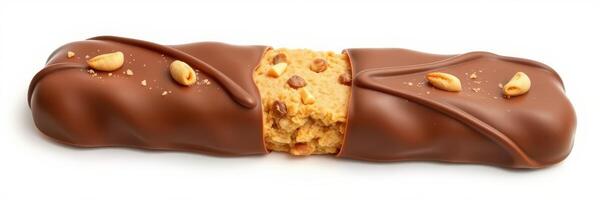 Chocolate-coated snack bar with peanut and cookie filling displayed on a white background photo