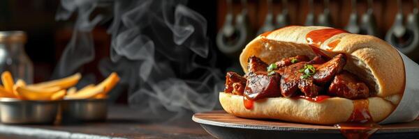 Juicy sandwich with smoky meat served alongside crispy fries in a vibrant dining setting photo