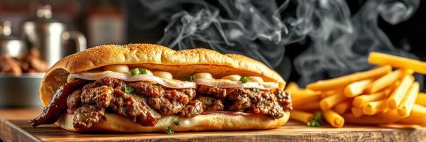 Delicious sandwich with grilled meat and crispy fries served in a cozy restaurant photo