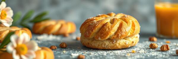 Freshly baked pastry with cream filling and orange juice on a rustic table with flowers photo
