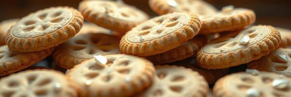 Delicious assorted cookies arranged neatly on a wooden table in warm light during afternoon photo