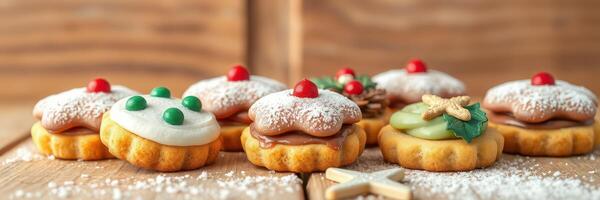 Deliciously decorated holiday cookies displayed on rustic wooden table photo