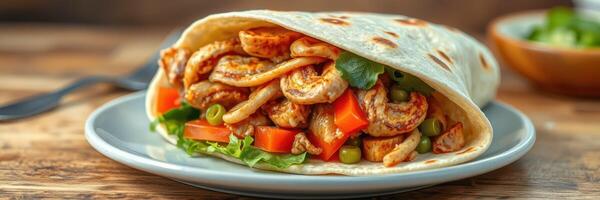 Delicious chicken wrap with fresh vegetables served on a wooden table photo