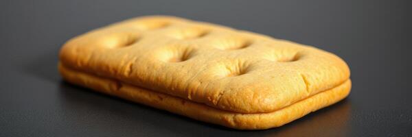 Unique baked snack resembling a rectangle with holes on top, perfect for casual enjoyment or as a companion to various toppings photo