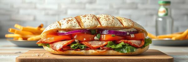 Fresh sandwich with vegetables and chicken served with fries on a wooden board in a bright setting photo
