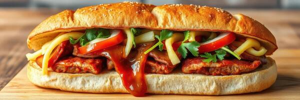 Delicious sandwich featuring grilled meat, fresh vegetables, and zesty sauce, served in a warm bun photo