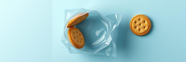 Delicious crunchy cookies in clear packaging with a few scattered on a light blue background photo