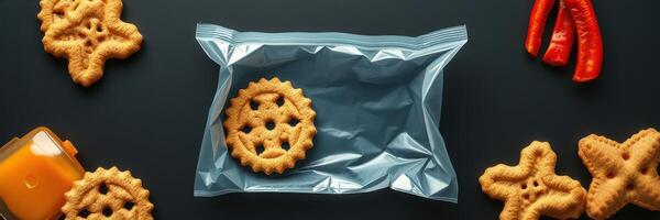 Snack packaging featuring star-shaped cookies and chili peppers on a dark surface photo