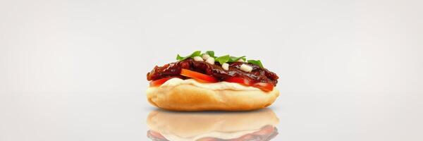 Delicious sandwich with savory meat and fresh vegetables on a plain background photo