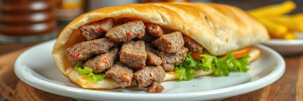 Delicious grilled beef sandwich with fresh vegetables and crispy fries served in a cozy setting photo