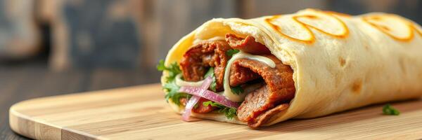 Delicious shawarma wrap served on a wooden board with fresh toppings and sauces photo