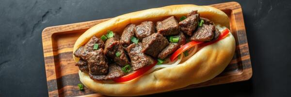 Delicious beef sandwich served in a soft bun with fresh vegetables and garnished with herbs photo