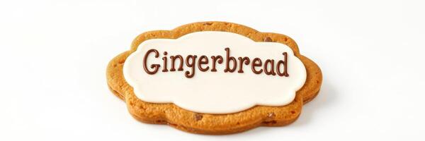 Gingerbread cookie with decorative icing label displayed on a simple white background photo