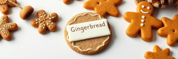 Colorful gingerbread cookies displayed on a table during holiday season celebration with festive decorations photo