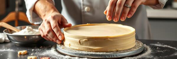 Baking a cake with smooth frosting in a cozy kitchen setting while preparing for a special occasion photo