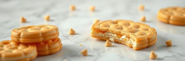 Delicious cream-filled cookies arranged on a marble surface with chocolate chips scattered around photo