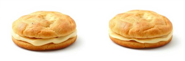 Deliciously soft cream-filled cookies displayed on a white background showcasing their appealing texture and color photo