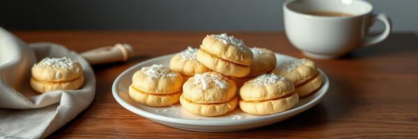 Delicious coconut cookies on a plate with a cup of tea on a wooden table photo