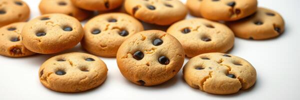 Freshly baked chocolate chip cookies arranged on a white surface ready for sharing or enjoying as a sweet treat photo