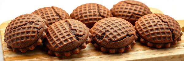 Delicious chocolate cookies arranged on a wooden board for a tempting dessert display photo