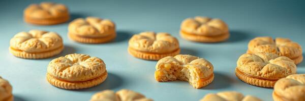 Delicious cookies arranged on a blue background with one cookie bitten, highlighting their texture and design photo