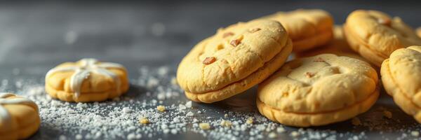 Freshly baked cookies arranged on a dark surface with powdered sugar and decorative patterns in warm lighting photo