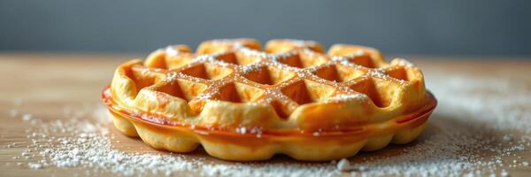 Delicious homemade waffle topped with powdered sugar on a wooden table photo