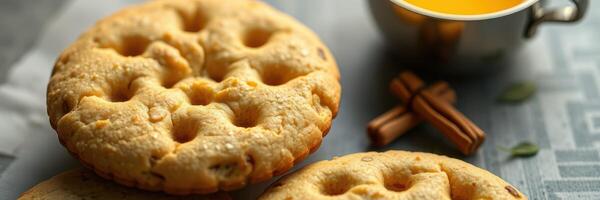 recién horneado galletas servido con herbario té en un acogedor mesa foto