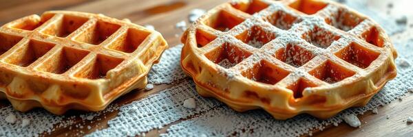 Deliciously golden waffles dusted with powdered sugar on a wooden board photo