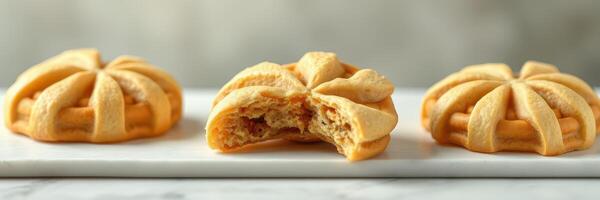 Delicious freshly baked pastries on a white platter showcasing intricate design and mouthwatering filling photo