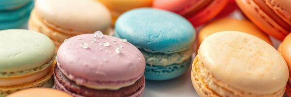 Colorful macarons displayed on a white surface in a variety of flavors and textures during afternoon light photo