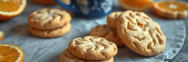 Freshly baked cookies arranged on a cooling rack with orange slices and a blue cup in a cozy kitchen setting photo