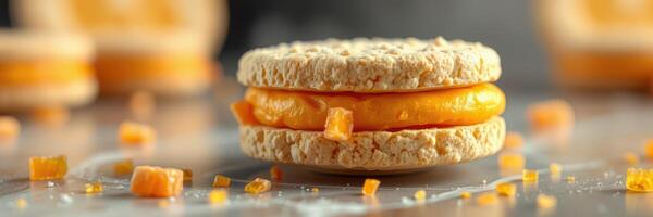 Delicious homemade crunchy orange cream sandwich cookies with candied fruit pieces on a rustic table photo