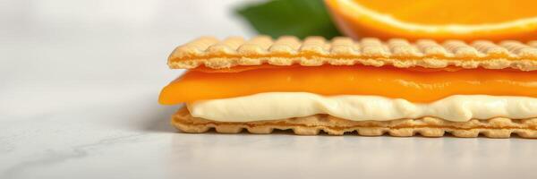 Delicious layered dessert with orange slices on a marble surface featuring wafers and cream filling photo