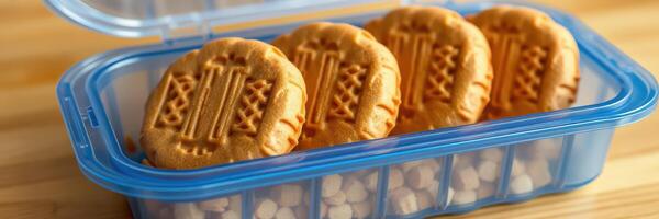 Delicious homemade peanut butter cookies stored in a blue container with white candies at a cozy kitchen setting photo