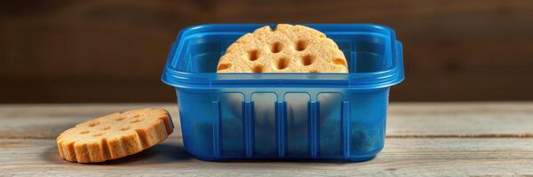 Simple homemade cookies displayed in a blue container on a wooden surface photo
