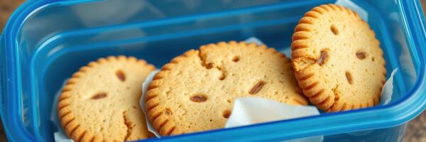 Delicious homemade cookies stored in a blue container on a wooden surface perfect for snacks photo