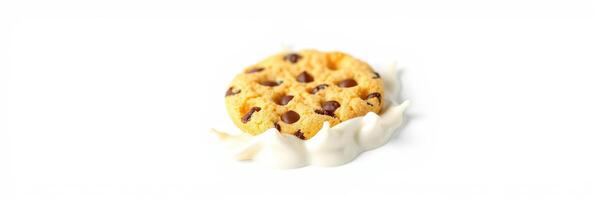 Chocolate chip cookie surrounded by creamy topping on a plain background evokes indulgent dessert idea photo